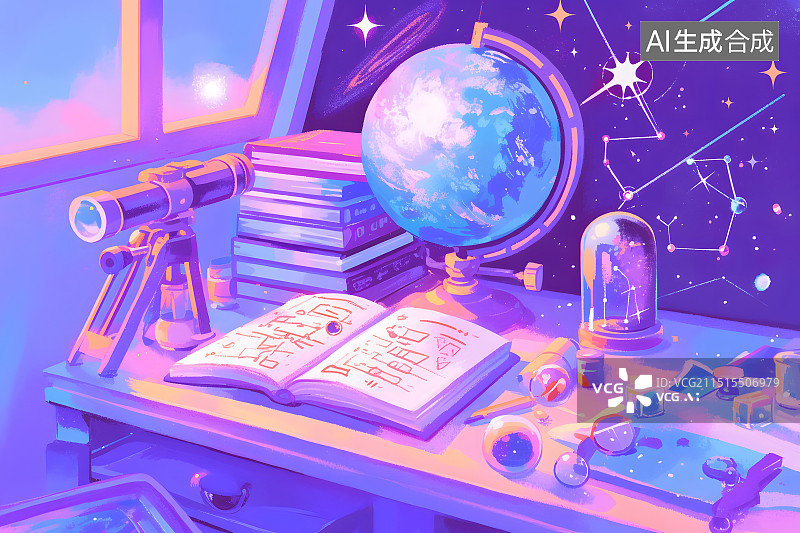 【AI数字艺术】物理世界科学地球仪研究天文望远镜物理公式诺贝尔试管试剂银河插画原画壁纸配图杂志书籍教室图片素材