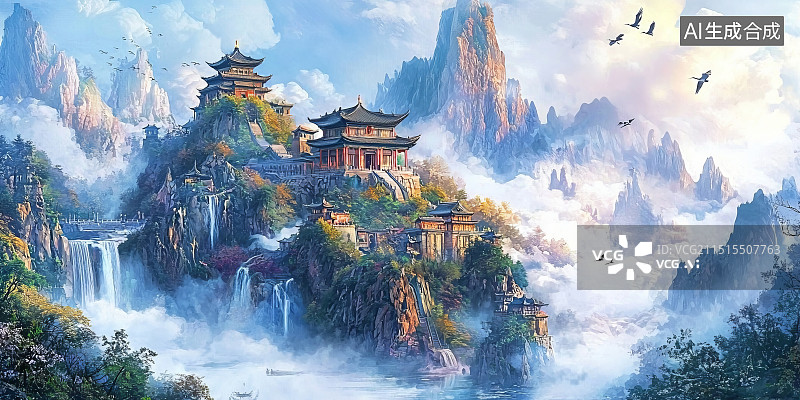 【AI数字艺术】山间云雾中的古代中国庙宇全景图图片素材