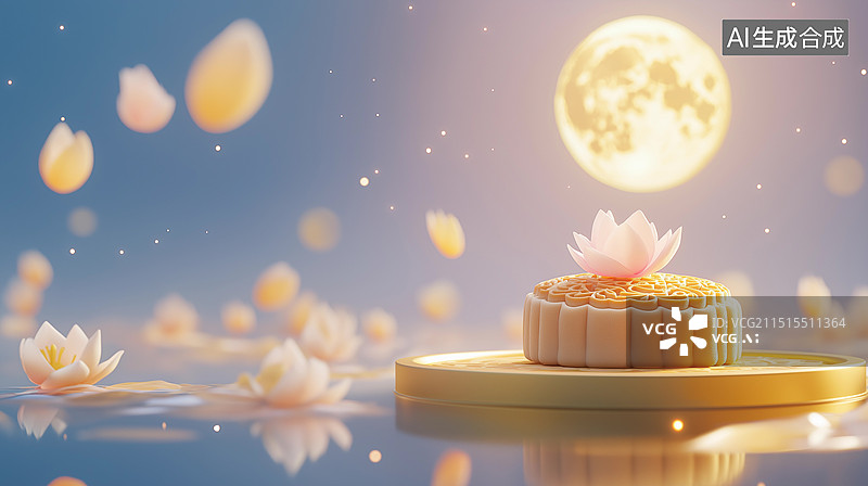【AI数字艺术】中秋节主题海报——月饼、满月、与花，营造出浓厚的国风意境图片素材
