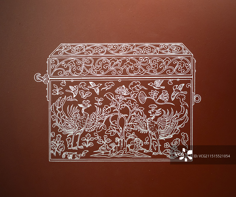 孔雀纹盝顶银方盒纹饰线图 唐 1970年西安市何家村唐代窖藏出土 陕西历史博物馆图片素材