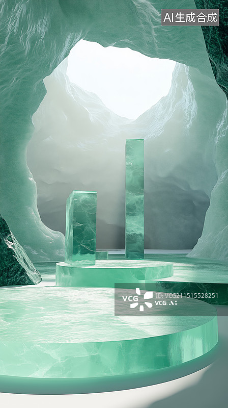 【AI数字艺术】清新绿色水晶宝石洞穴展台展厅3D空间场景图片素材