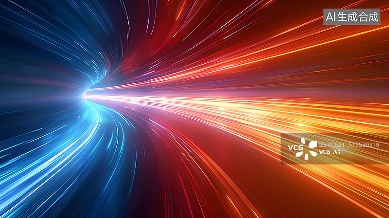【AI数字艺术】黑色背景下冷暖对比的彩色光线与光轨，空间道路，科技概念背景图图片素材