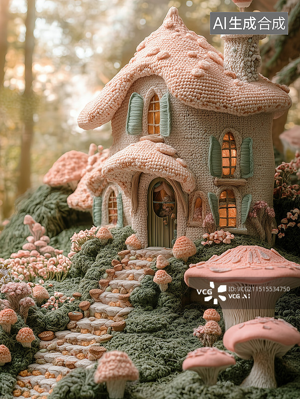 【AI数字艺术】插画毛线编织蘑菇小屋图片素材