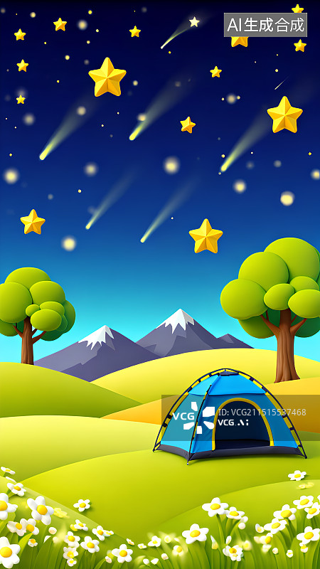 【AI数字艺术】3D渲染，夜晚星空下的帐篷，露营，自驾游，旅游，旅行，海报，背景图，壁纸图片素材