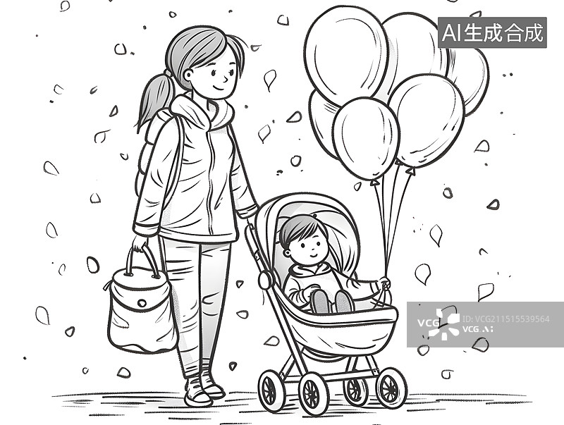 【AI数字艺术】黑白简笔画推婴儿车的母亲图片素材