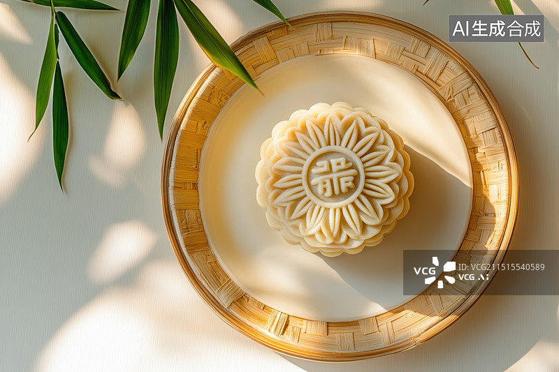 【AI数字艺术】放在桌子上的月饼和竹叶图片素材