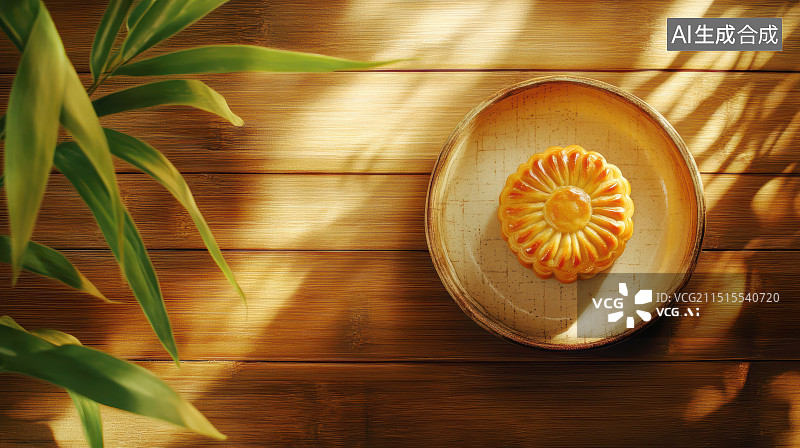【AI数字艺术】放在桌子上的月饼和竹叶图片素材