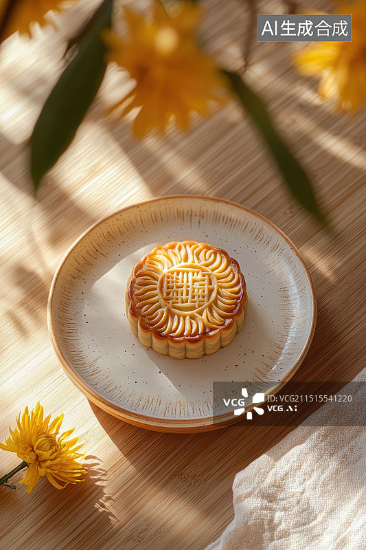 【AI数字艺术】放在桌子上的月饼和菊花图片素材
