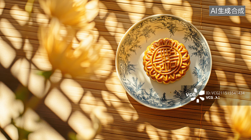 【AI数字艺术】放在桌子上的月饼和菊花图片素材