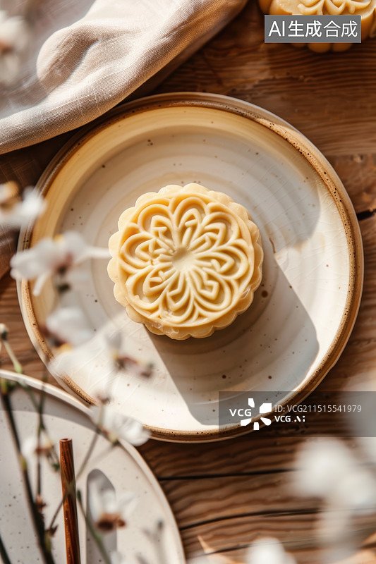 【AI数字艺术】桌子上陶瓷盘子上盛放的月饼图片素材