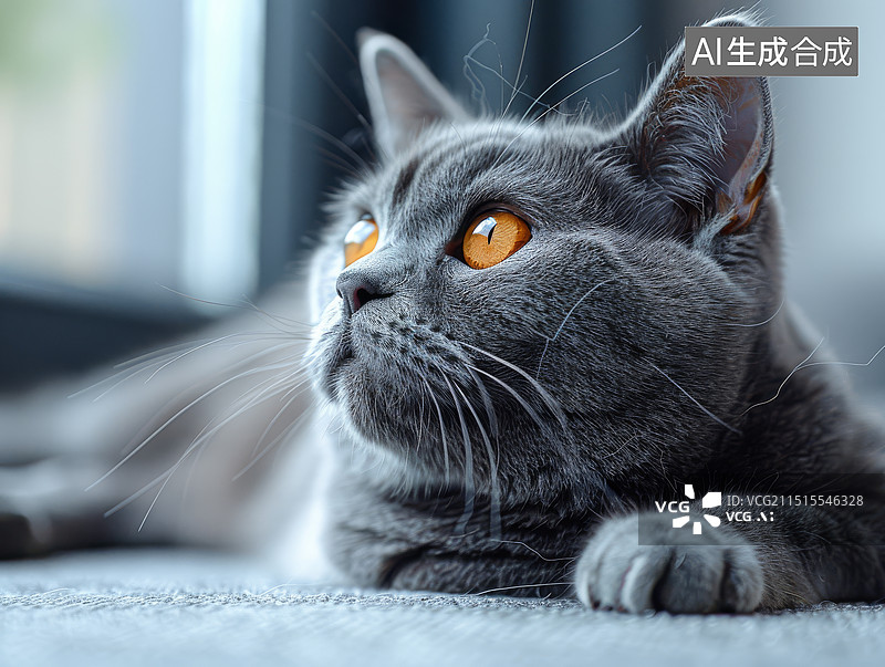 【AI数字艺术】在家里看向窗外的全身特写宠物猫英短蓝猫摄影图图片素材