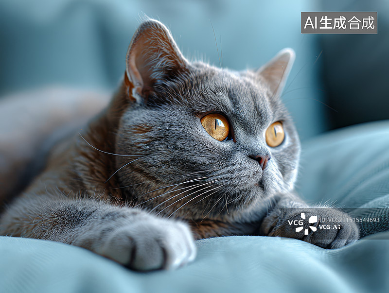 【AI数字艺术】准备捕猎状态的宠物猫英短蓝猫影棚蓝色摄影图图片素材