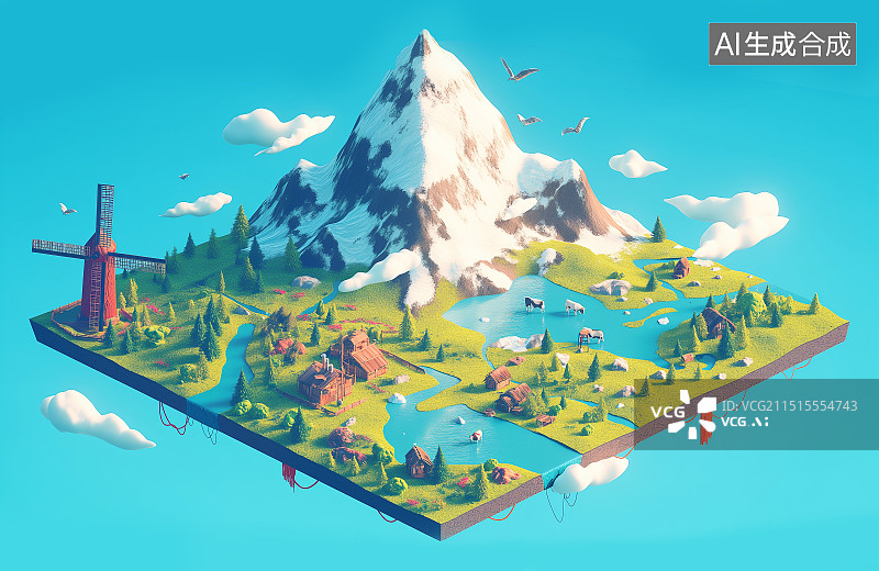 【AI数字艺术】3d 迷你微景观 等距画面 对称画面 奶牛牧场 雪山 风车 湖面图片素材