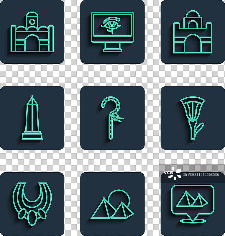 埃及项链、金字塔、房屋和弯钩的线条图案图片素材