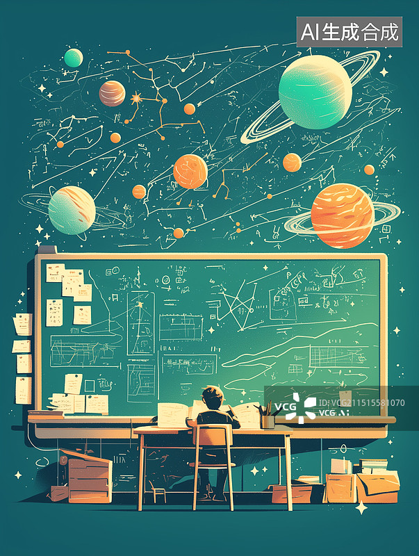 【AI数字艺术】坐在课桌面向黑板思考天体物理，草稿填满黑板，绿色色调，卡通复古风格图片素材