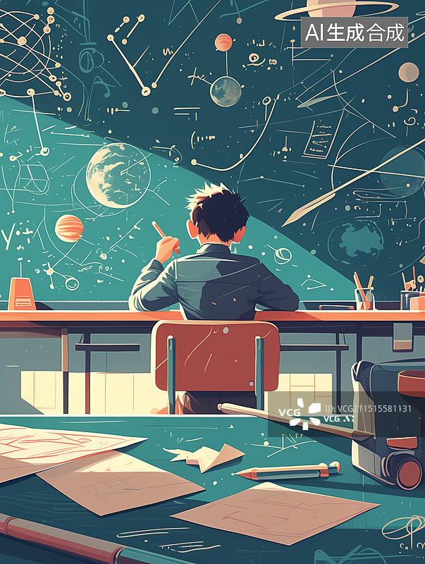 【AI数字艺术】坐在课桌面向黑板思考天体物理，草稿填满黑板，绿色色调，卡通复古风格图片素材