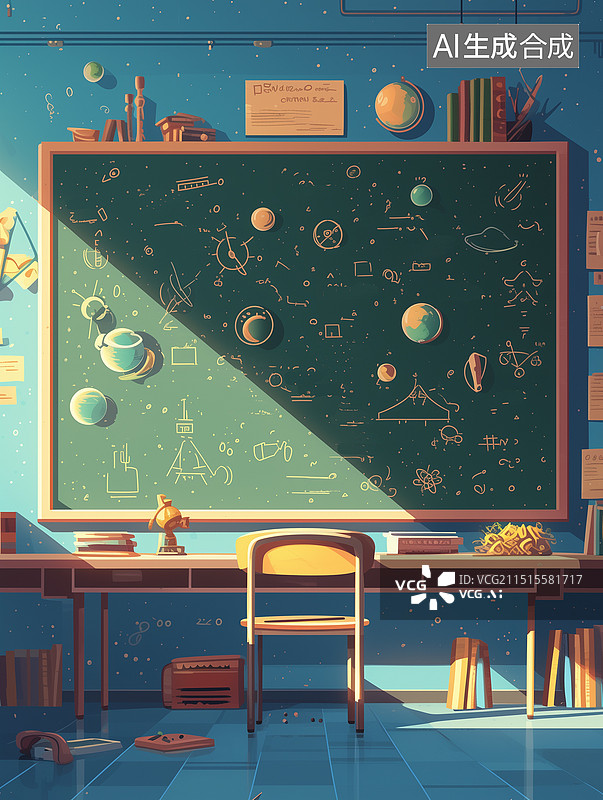 【AI数字艺术】无人黑板课桌，天体物理草稿，卡通复古风格图片素材