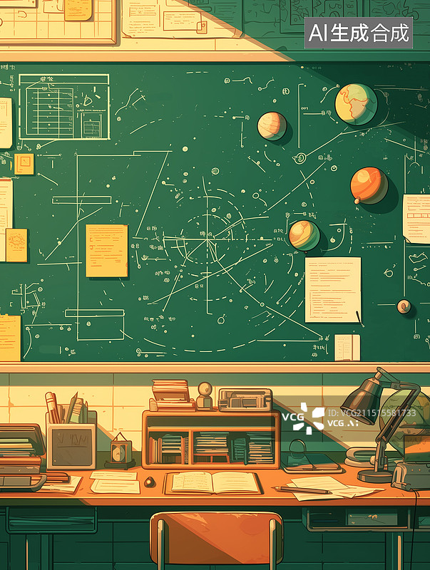 【AI数字艺术】无人黑板课桌，天体物理草稿，卡通复古风格图片素材