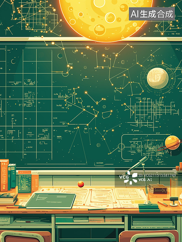 【AI数字艺术】无人黑板课桌，天体物理草稿，卡通复古风格图片素材