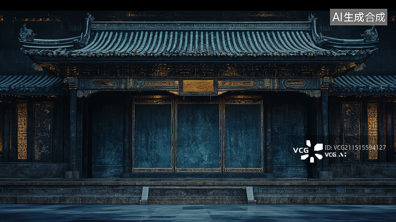 【AI数字艺术】古寺的神秘门廊，黑暗中隐现的历史感图片素材