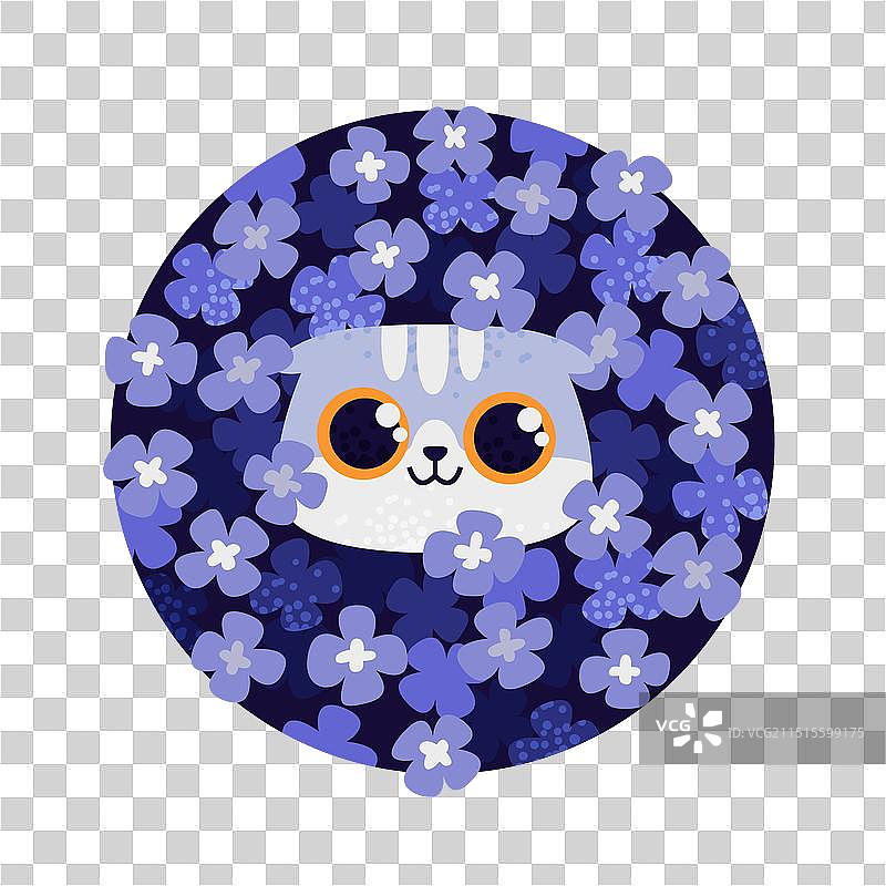 躲在灌木丛后的可爱卡通猫，背景为蓝色图片素材