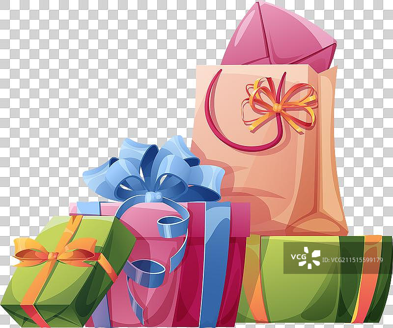 用闪亮丝带系着的一堆生日礼品盒图片素材