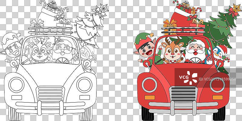 圣诞老人、驯鹿和精灵与圣诞树图片素材