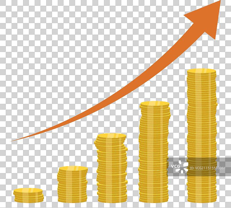 上升的硬币堆和箭头图片素材