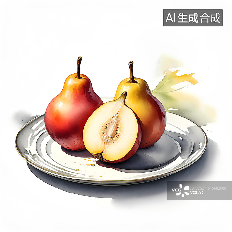 【AI数字艺术】水彩插画 盘子上的梨图片素材