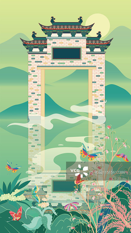 国风地标城市风光矢量插画系列—国潮风 安徽 宣城查济古镇 月桂山庄图片素材