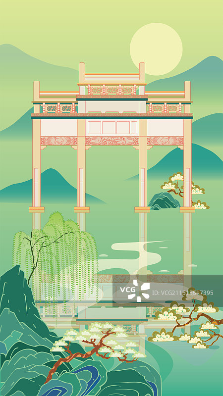 国风地标城市风光矢量插画系列—国潮风 安徽 宣城敬亭山图片素材