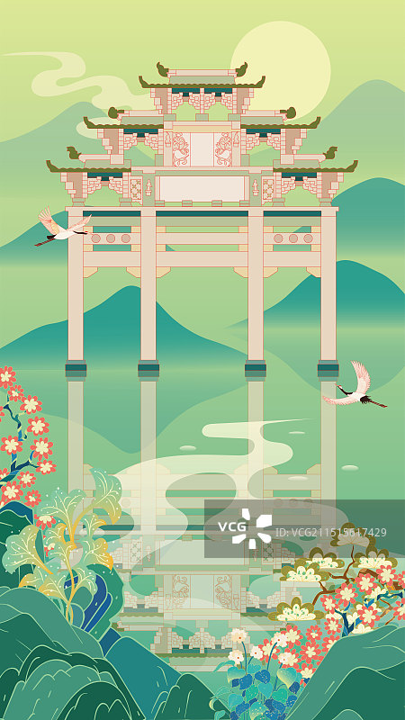 国风地标城市风光矢量插画系列—国潮风 安徽 宣城桃花潭图片素材