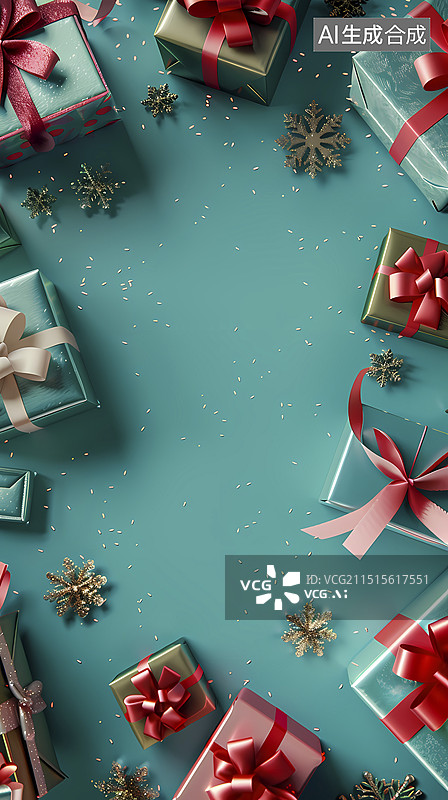 【AI数字艺术】绿色礼品盒丝带闪耀背景图片素材