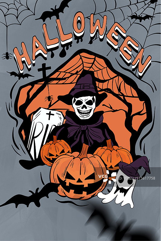 万圣节骷髅南瓜蜘蛛幽灵插画模板图片素材
