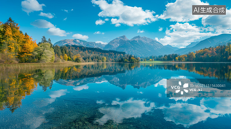 【AI数字艺术】高山下湖泊的秋天景色图片素材