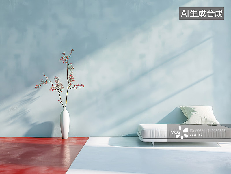 【AI数字艺术】现代极简风格客厅中的白色椅子和花瓶图片素材