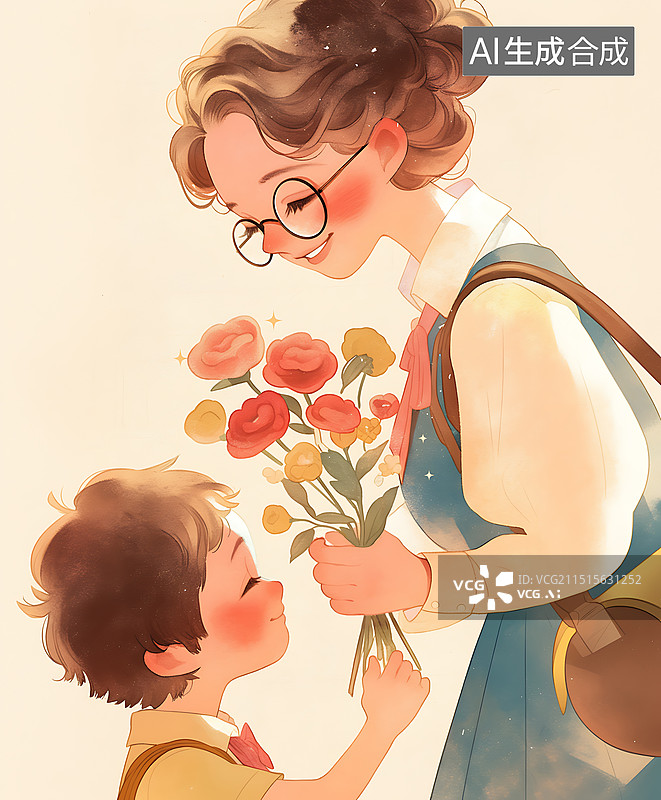 【AI数字艺术】学生给老师送花插画图片素材