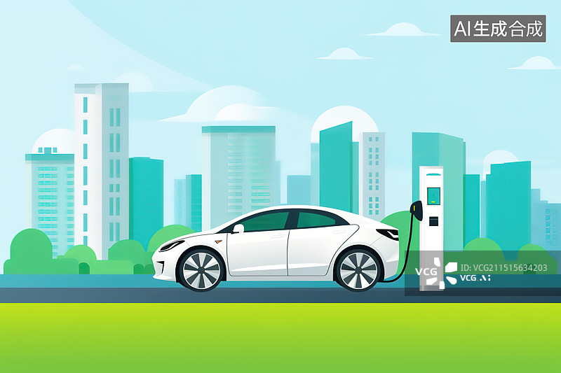 【AI数字艺术】扁平风城市背景下新能源电动汽车充电插画图片素材