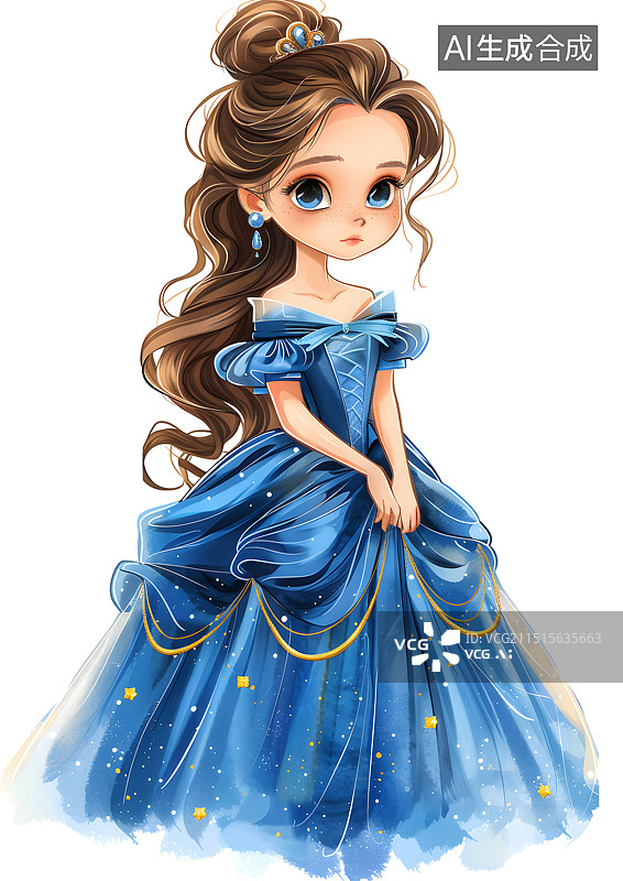 【AI数字艺术】身穿蓝色公主裙的小公主插画图片素材