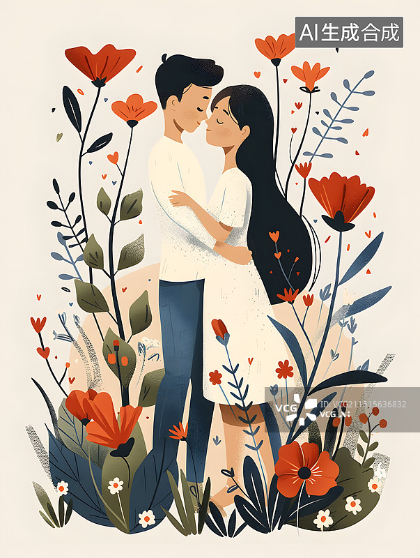 【AI数字艺术】一对恋人拥抱在一起插画图片素材