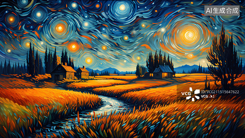 【AI数字艺术】油画肌理插画 夜空中的稻田田野风景图片素材