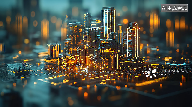 【AI数字艺术】城市建筑夜景电子模型图片素材