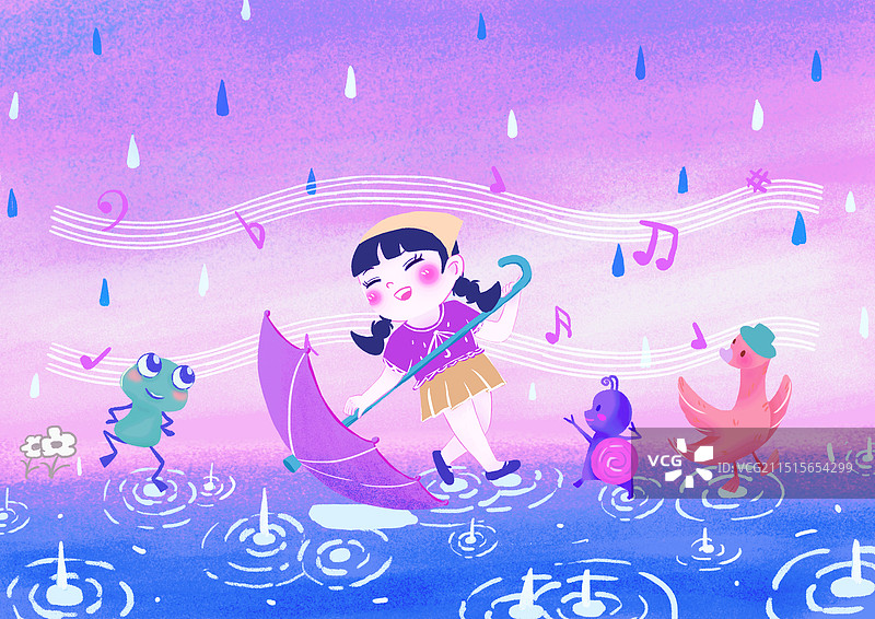 小女孩和小动物在雨天快乐玩耍图片素材