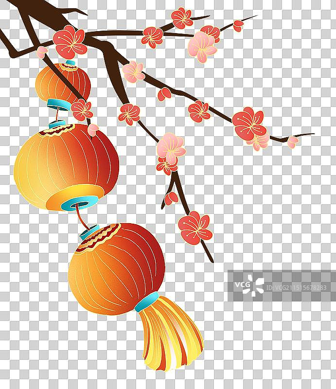 新年梅花树上挂着红灯笼元素图片素材
