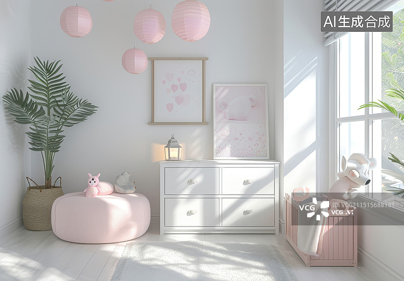 【AI数字艺术】温馨的婴儿房间，配有可爱的墙壁画与舒适的摇篮图片素材