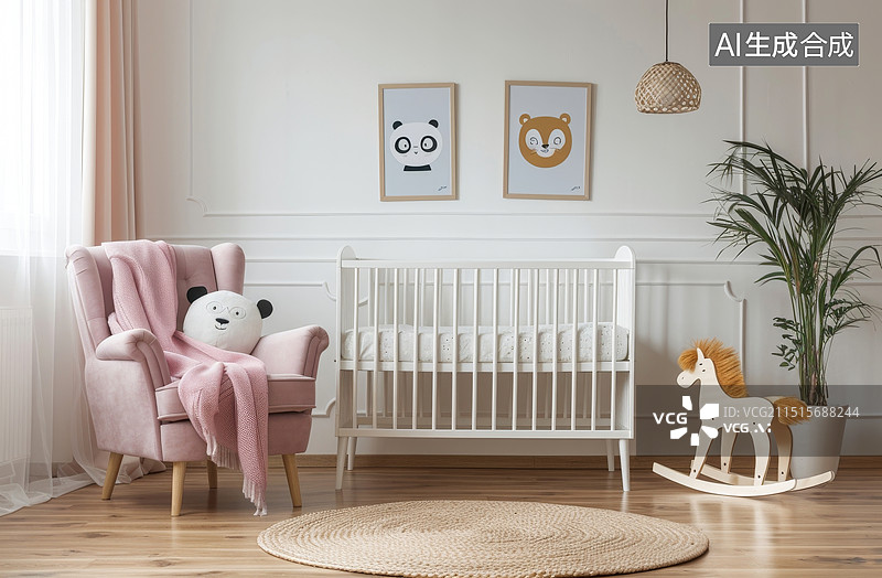 【AI数字艺术】温馨的婴儿房间，配有可爱的墙壁画与舒适的摇篮图片素材