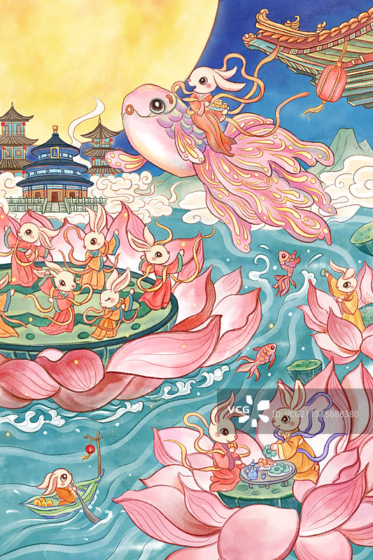 水墨风中秋荷花兔子天坛宴会插画图片素材