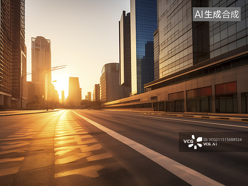 【AI数字艺术】夕阳下城市金融区街道图片素材