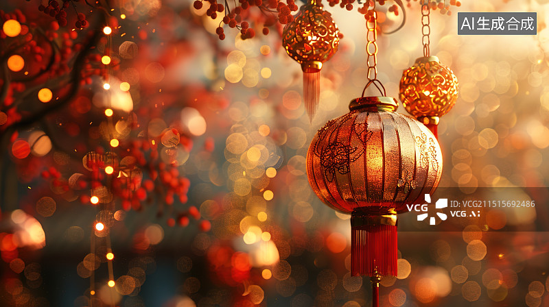 【AI数字艺术】中国春节 灯笼 烟花 庭院 宁静图片素材