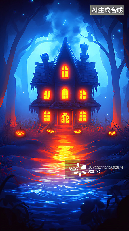 【AI数字艺术】万圣节恐怖房屋夜晚城堡复古装饰节日插画图片素材
